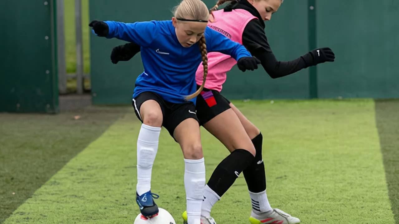 Handheld footage of girls playing football
