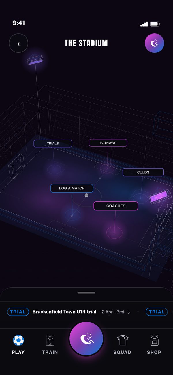 GALZ app Stadium screen with trials, pathway, clubs and coaches