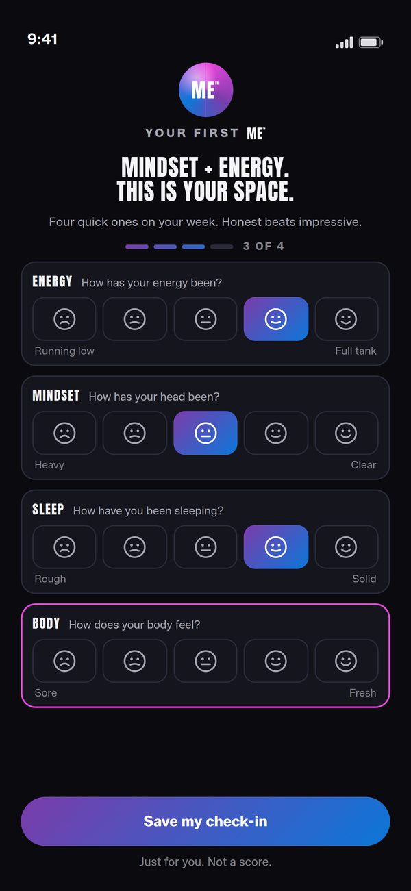 GALZ app wellbeing check-in asking a player about her energy, mindset, sleep and body
