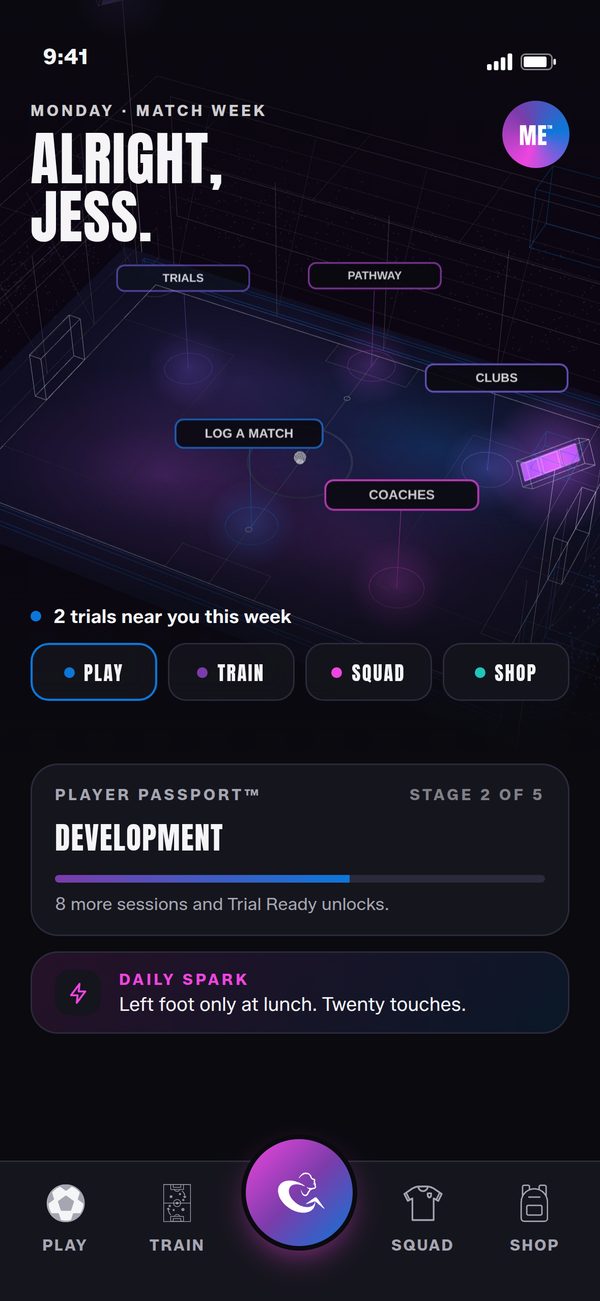GALZ app home screen greeting Jess, with trials near her, her Player Passport stage and a daily skills tip